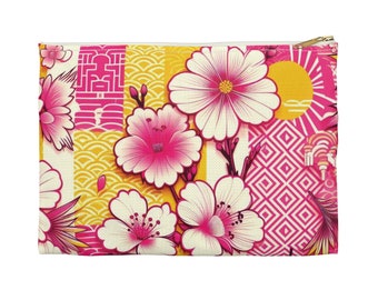 Pochette pour accessoires rose et jaune à imprimé tropical japonais, deux tailles, parfaite pour le rangement de voyage, produits de beauté, cadeau pour un ami, fête des mères, kawaii