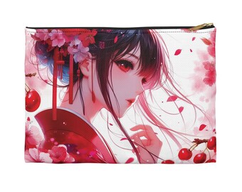 Personalize Name* Manga Red Cherry Girl Accessory Pouch, 2 Sizes, Coquette Style Bag, Perfect for Travel, Cosmetics, Gift for Friend, Kawaii