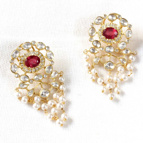 Moissanite Ruby Earrings - 925 Sterling Silver Gold Plated – Polki Ruby Earrings – Ruby shops Earrings- Moissanite Jewelry - Polki Earrings