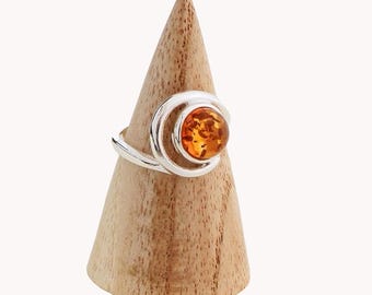Silver and genuine amber ring