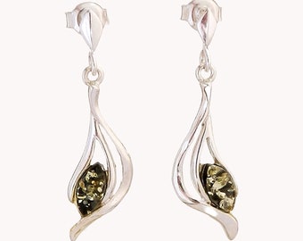 Green amber earrings on silver