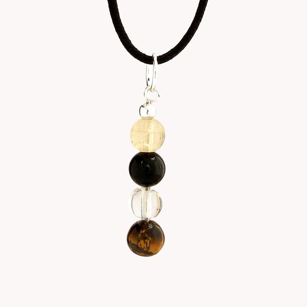 Pendentif ligne de pierres Citrine, Onyx, Cristal de roche, Oeil de tigre sur argent