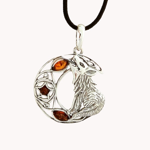 Pendentif celtique loup avec lune en ambre et argent