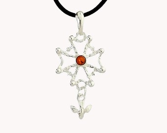 Protestant cross pendant - huguenote in amber and silver