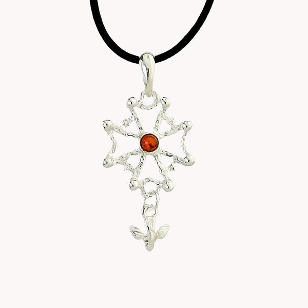 Pendentif croix protestante - huguenote en ambre et argent