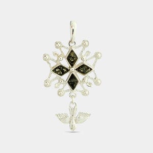 Pendentif croix protestante - huguenote en ambre vert et argent
