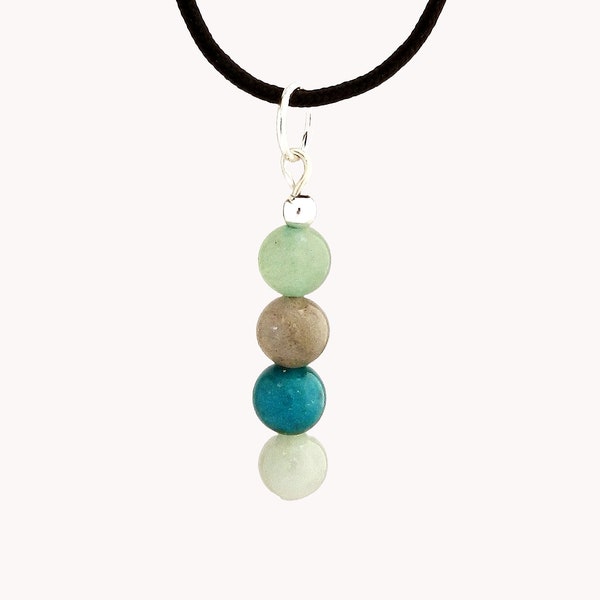 Pendentif ligne de pierres Aventurine, Labradorite, Chrysocolle, Aigue marine sur argent