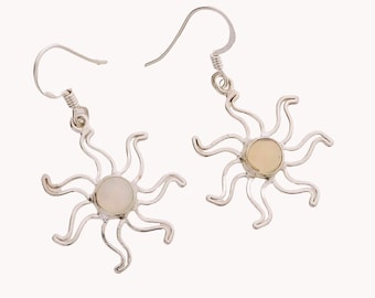Silver and genuine Opal stone sun earrings