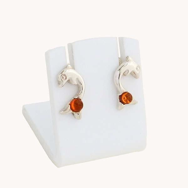 Boucles d'oreille dauphins en ambre sur argent