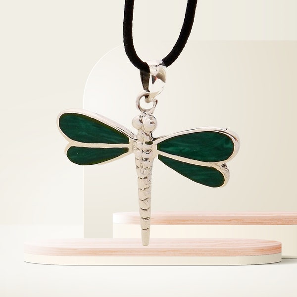 Pendentif Libellule en argent et en Malachite véritable