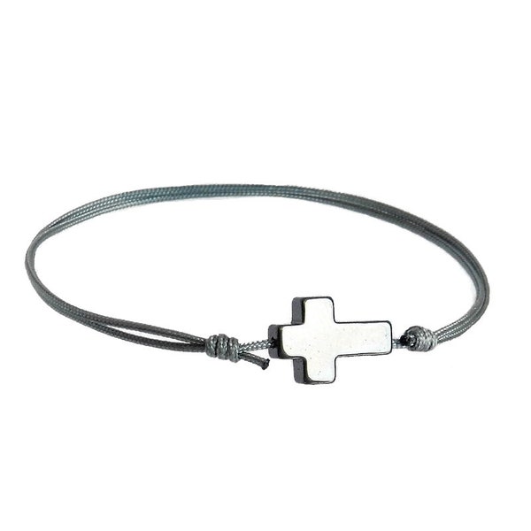 Bracelet cordon homme croix en pierre naturelle Hématite