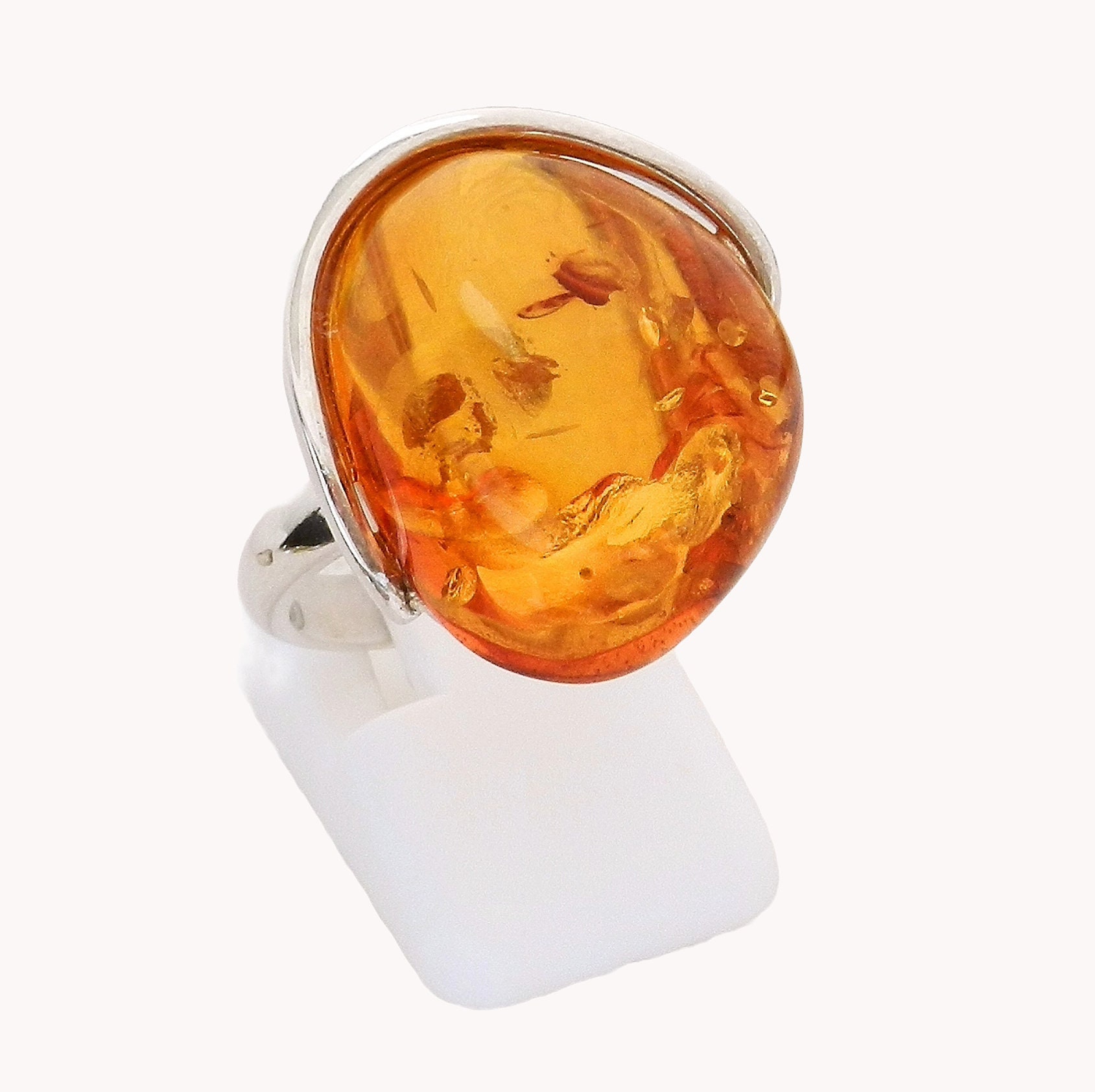 Silver and real amber ring size 53