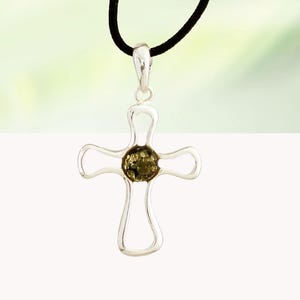 Green amber and silver cross pendant