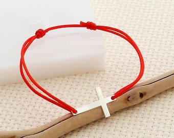 Bracelet croix en argent sur cordon pour baptême- communion...