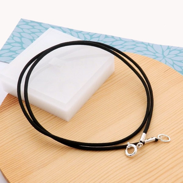 Black nylon cord necklace length choice silver clasp