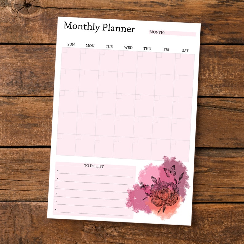 Printable Minimalist Monthly Planner Pink Flower Butterfly - Etsy