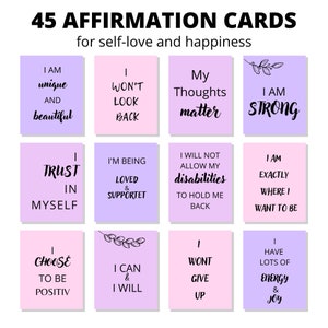 45 Zuspruch Karten auf ENG, Digital, sofort Download, A4, Affirmation, positiv denken, für Selbstliebe und Toleranz, Visionboard, scrapping