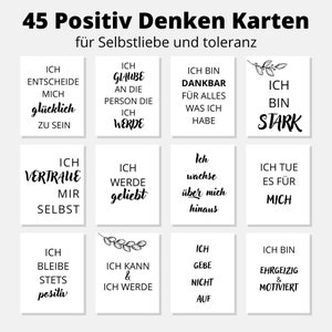 Puede incluir: Un juego de 45 cartas de afirmación con texto negro sobre fondo blanco. Las cartas presentan mensajes positivos sobre el amor propio y la tolerancia. Algunos de los mensajes incluyen "Creo en la persona en la que me convertiré", "Estoy agradecido por todo lo que tengo", "Soy fuerte", "Confío en mí mismo", "Soy amado", "Crezco más allá de mí mismo", "Lo hago por mí", "Siempre me mantengo positivo", "Puedo y lo haré", "No me rindo", "Soy ambicioso y motivado".