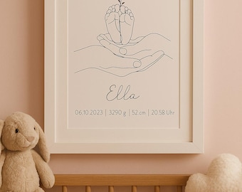 May include: A white framed print with a black line drawing of two hands holding a baby's feet with a flower growing from them. The text "Ella 06.10.2023 | 3290 g | 52 cm | 20:58 Uhr" is below the drawing.