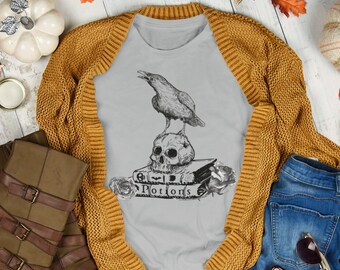 Maglietta Donna Edgar Allan Poe The Raven – T-shirt Gotica Con Corvo, Cotone Bianco