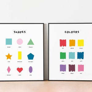 Cartel de formas, cartel de colores, conjunto de 2 carteles, arte de pared IMPRIMIBLE, arte de pared educativo, decoración de la habitación de los niños, decoración de la guardería, descarga instantánea