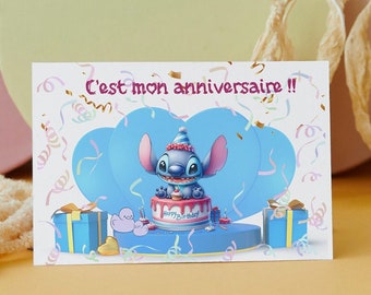 Carte invitation - carte anniversaire personnalisable stitch - lot 8 cartes anniversaire-