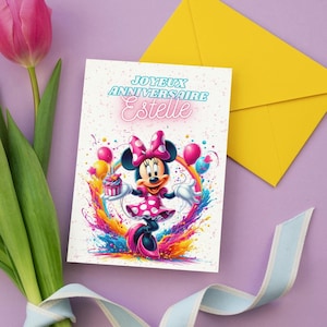 Carte d'anniversaire sur le thème de minnie, carte prénom personnalisable  joyeux anniversaire,  Bonne fête...