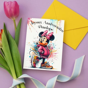 Carte d'anniversaire sur le thème de minnie, carte prénom personnalisable  joyeux anniversaire,  Bonne fête...