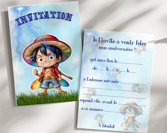 Carte invitation anniversaire - carte personnalisable - carte anniversaire thème one piece, luffy,, lot 6/8/10/12 cartes + enveloppes...