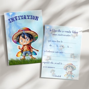 Carte invitation anniversaire - carte personnalisable - carte anniversaire thème one piece, luffy,, lot 6/8/10/12 cartes + enveloppes...