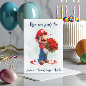Carte Mario joyeux anniversaire, carte prénom personnalisable mario, carte thème Mario bouquet de fleurs, Bonne fête...