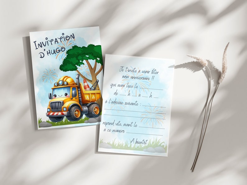 Carte invitation anniversaire - carte anniversaire personnalisable - carte thème engin de travaux, lot de 6/8/10/12 cartes + enveloppes... image 2