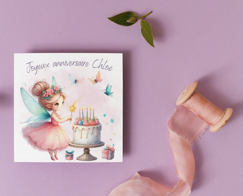 Carte joyeux anniversaire, carte prénom personnalisable petite fée, carte thème féérie image 3