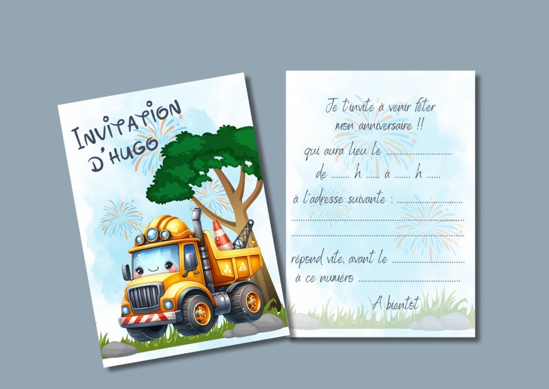 Carte invitation anniversaire - carte anniversaire personnalisable - carte thème engin de travaux, lot de 6/8/10/12 cartes + enveloppes... image 4