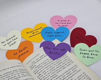 Marque-page - coeur coin - coin de page - bookmark phrase motivation inspirante en forme cœur - lot de 8 marque-pages