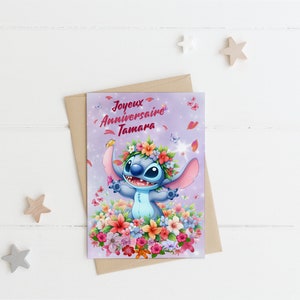 Carte joyeux anniversaire, carte prénom personnalisable stitch, carte thème stitch fête des fleurs, Bonne fête... 画像 2