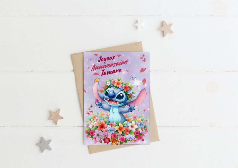Carte joyeux anniversaire, carte prénom personnalisable stitch, carte thème stitch fête des fleurs, Bonne fête... 画像 2