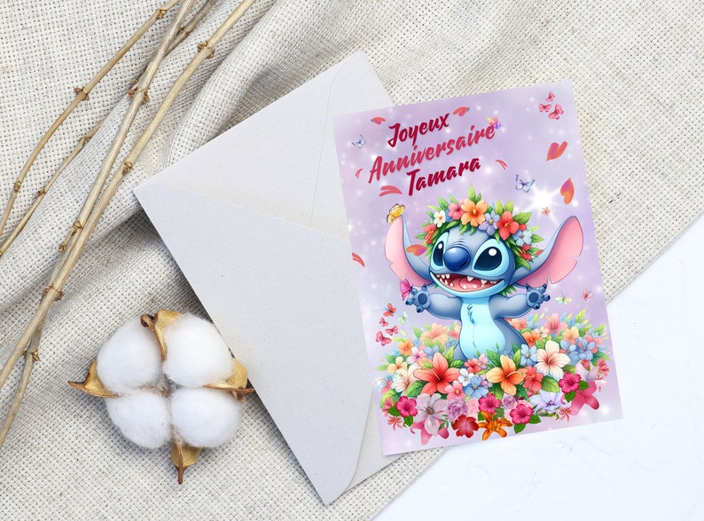 Carte joyeux anniversaire, carte prénom personnalisable stitch, carte thème stitch fête des fleurs, Bonne fête... 画像 4
