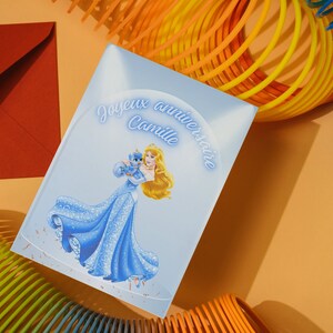 Carte joyeux anniversaire, carte prénom personnalisable, carte thème princesse, Bonne fête... Bleu