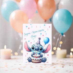 Carte joyeux anniversaire, carte prénom personnalisable stitch, carte thème stitch, Bonne fête... Bleu