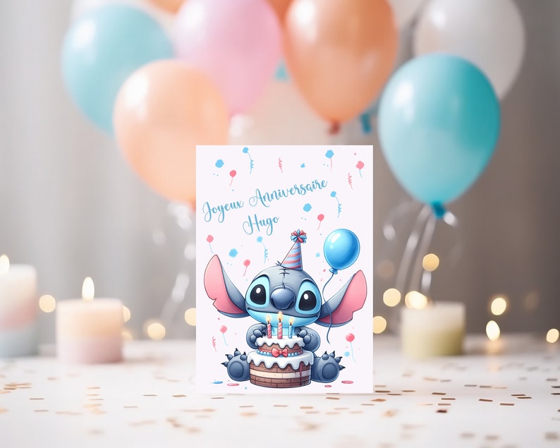 Carte joyeux anniversaire, carte prénom personnalisable stitch, carte thème stitch, Bonne fête... Bleu