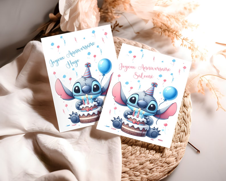 Carte joyeux anniversaire, carte prénom personnalisable stitch, carte thème stitch, Bonne fête... 画像 2