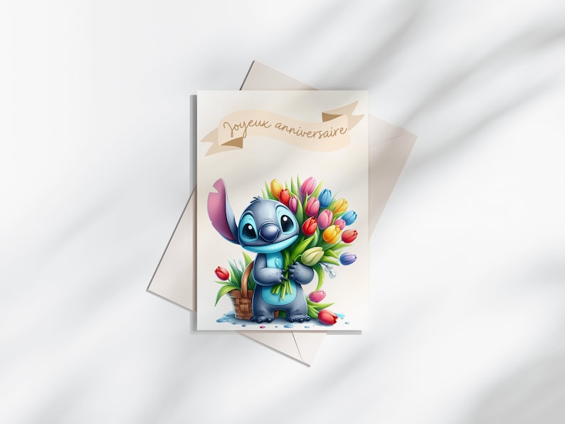 Carte anniversaire stitch - carte thème stitch - joyeux anniversaire - bonne fête - Beige