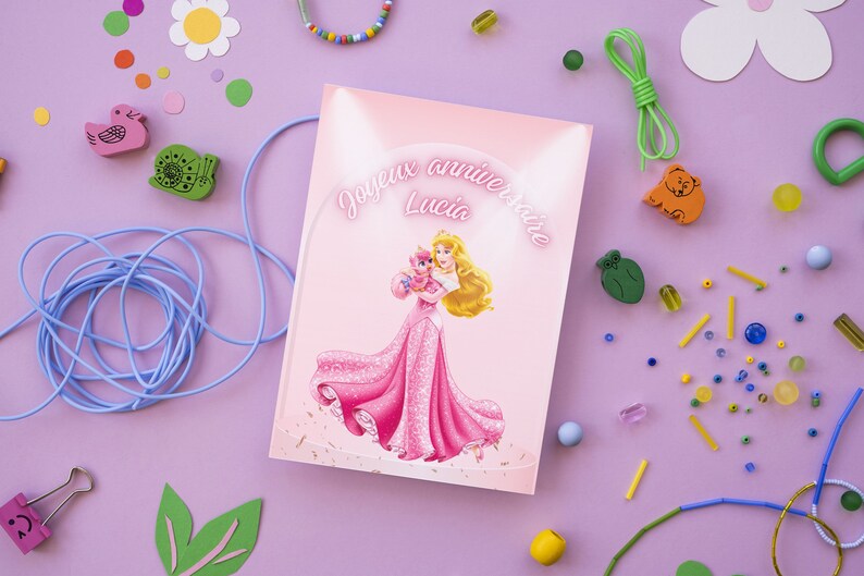 Carte joyeux anniversaire, carte prénom personnalisable, carte thème princesse, Bonne fête... Rose