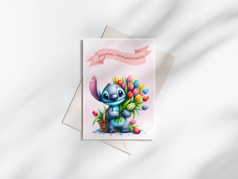 Carte anniversaire stitch - carte thème stitch - joyeux anniversaire - bonne fête - Rose
