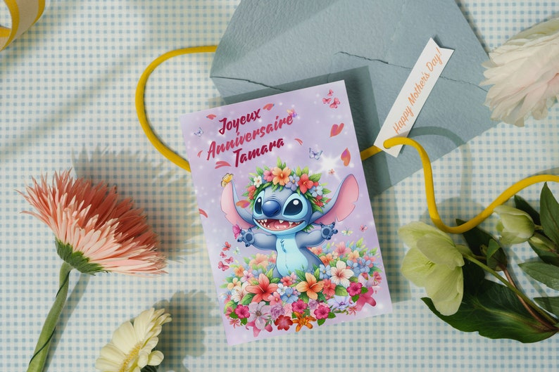Carte joyeux anniversaire, carte prénom personnalisable stitch, carte thème stitch fête des fleurs, Bonne fête... 画像 5