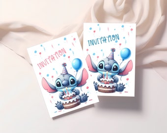 Carte invitation anniversaire - carte anniversaire personnalisable - carte thème stitch, lot de 6/8/10/12 cartes avec enveloppes...