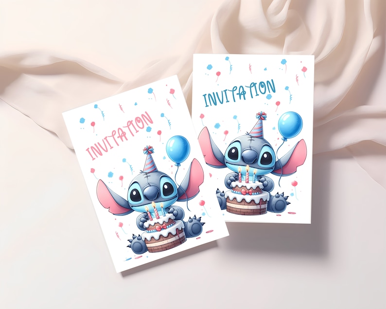 Carte invitation anniversaire - carte anniversaire personnalisable - carte thème stitch, lot de 6/8/10/12 cartes avec enveloppes... image 1