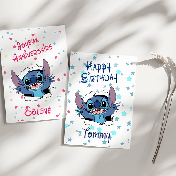 Carte anniversaire personnalisable stitch, carte thème stitch, Bonne fête...