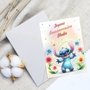 Carte joyeux anniversaire, carte prénom personnalisable stitch, carte thème stitch fleurs, Bonne fête... 画像 3